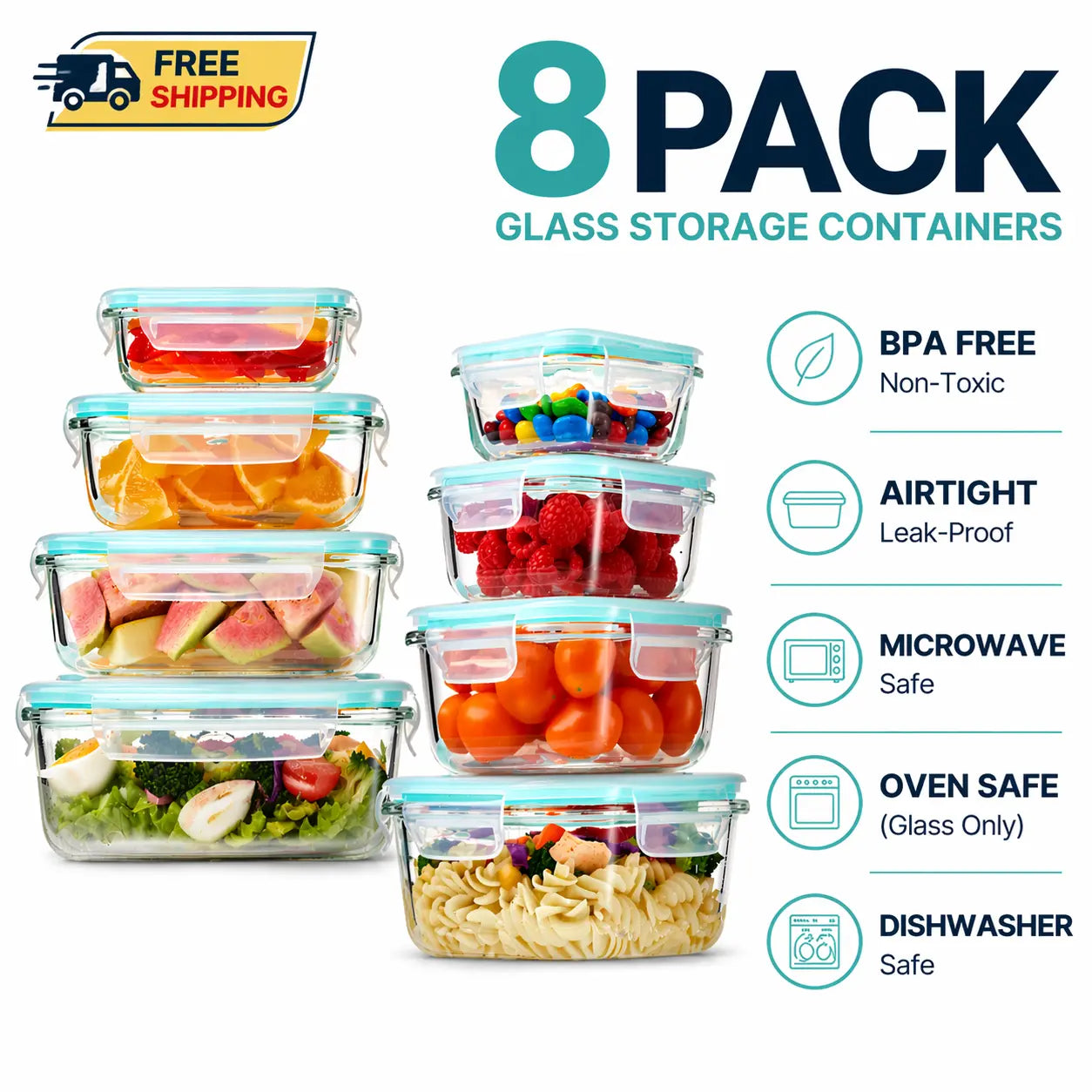 8 Pack Glass Food Storage Containers with Lids, Airtight Leakproof Meal Prep Containers, Bpa-Free, Oven/Microwave/Freezer/Dishwasher Safe/Lunch Box, Easy-Clean Design for Meal Prep and Bento Boxes Stackable Square Design #Summervibes