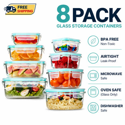 8 Pack Glass Food Storage Containers with Lids, Airtight Leakproof Meal Prep Containers, Bpa-Free, Oven/Microwave/Freezer/Dishwasher Safe/Lunch Box, Easy-Clean Design for Meal Prep and Bento Boxes Stackable Square Design #Summervibes