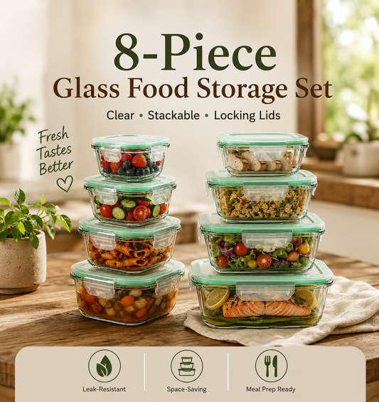 Set of 8 Airtight BPA-Free Glass Food Storage Containers with Lids, Safe for Oven, Microwave, Freezer, and Dishwasher, Stackable Square Design for Meal Prep and Bento Boxes