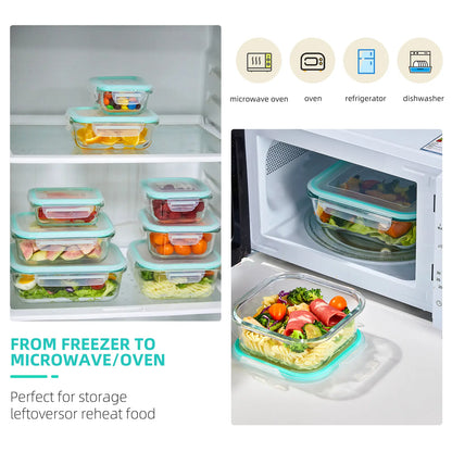 8 Pack Glass Food Storage Containers with Lids, Airtight Leakproof Meal Prep Containers, Bpa-Free, Oven/Microwave/Freezer/Dishwasher Safe/Lunch Box, Easy-Clean Design for Meal Prep and Bento Boxes Stackable Square Design #Summervibes