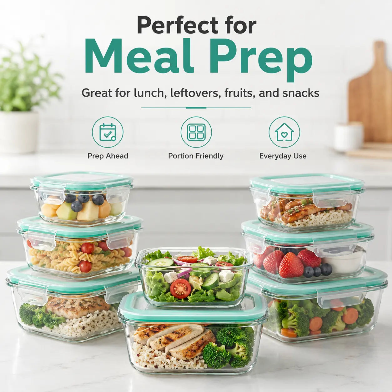 8 Pack Glass Food Storage Containers with Lids, Airtight Leakproof Meal Prep Containers, Bpa-Free, Oven/Microwave/Freezer/Dishwasher Safe/Lunch Box, Easy-Clean Design for Meal Prep and Bento Boxes Stackable Square Design #Summervibes